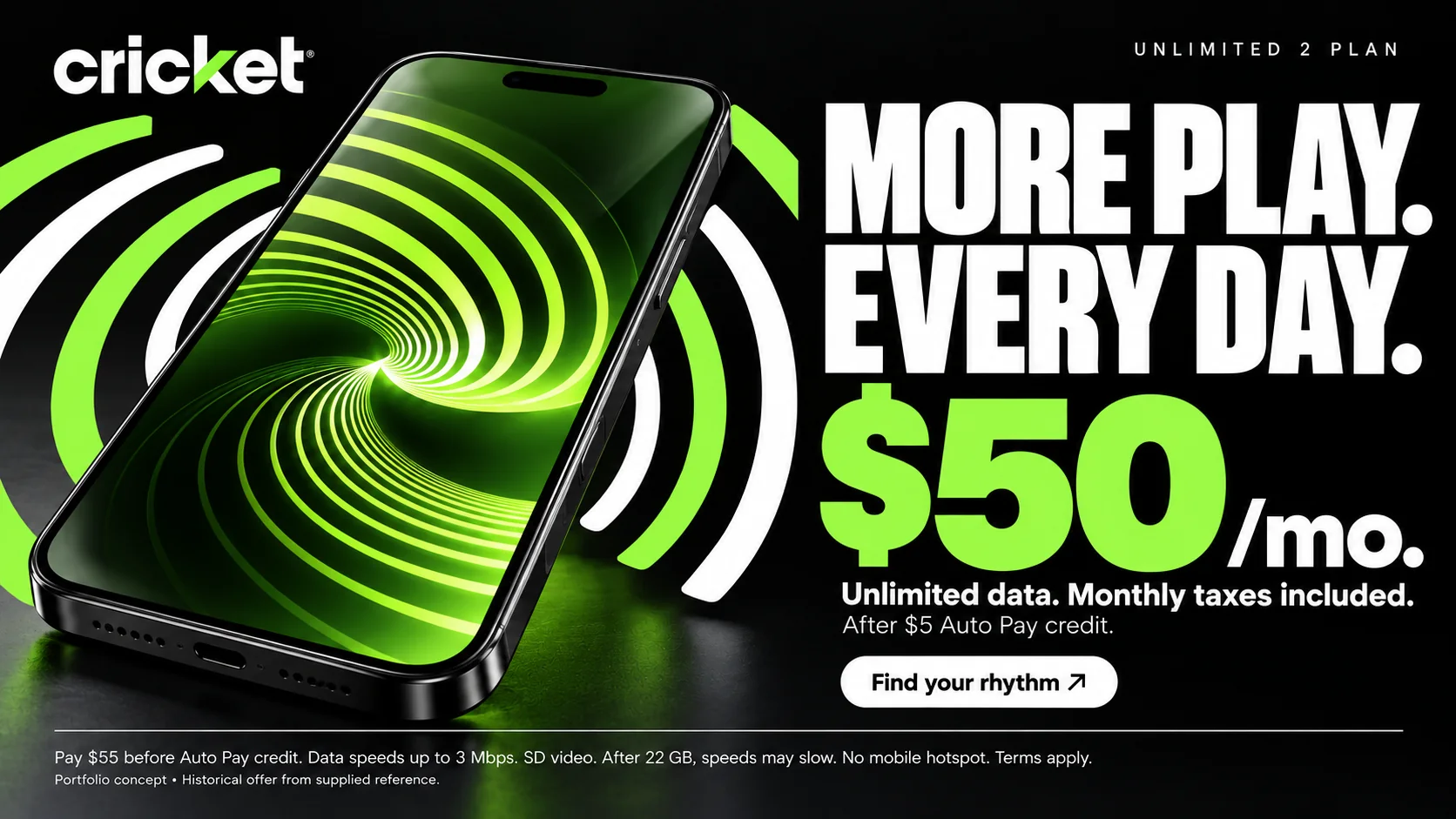 Cricket Wireless retail creative: a green phone spiral beside More play. Every day.